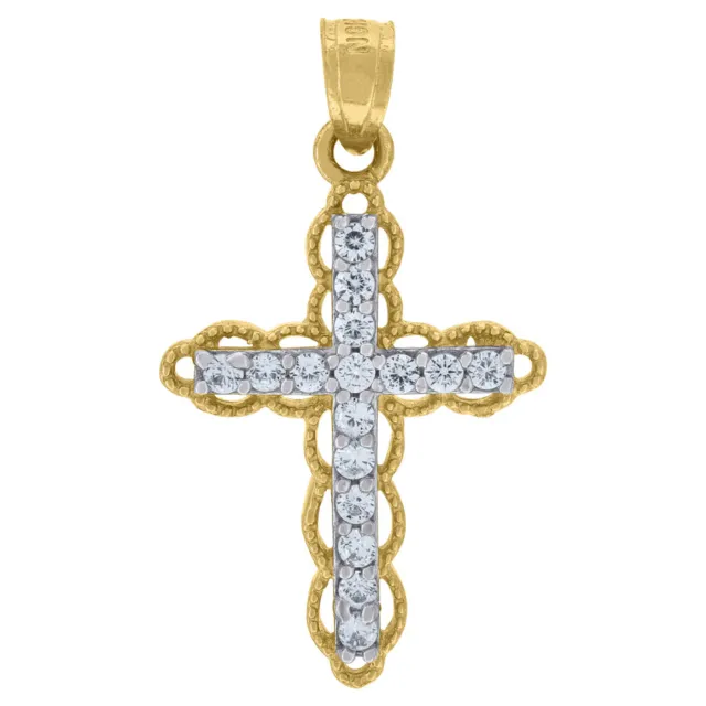 10K Two-Tone Gold Cubic-Zirconia Cross Religious Charm Pendant for Women Men