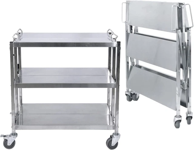 3 Shelf Stainless Steel Utility Service Cart Folding Collapsible Serving Cart wi