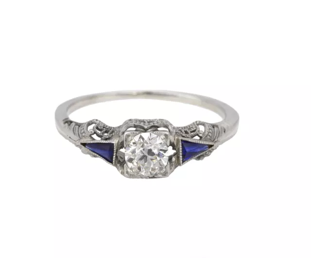 Art Deco 14K White Gold 0.33CT Solitaire Diamond Sapphire Engagement Ring