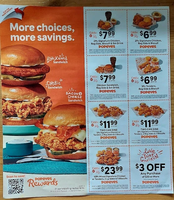 1 SHEET POPEYES Chicken Coupons Expire 2/25/2024 Fast Food 1.65