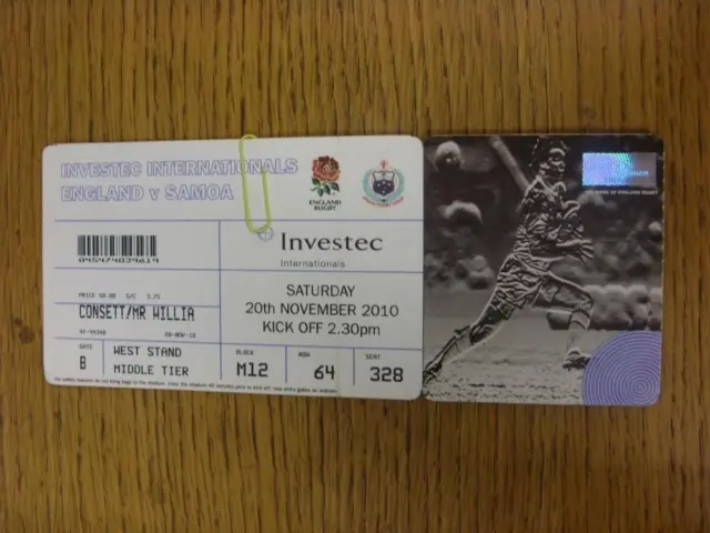 20/11/2010 Rugby Union Ticket: England  v Samoa [At Twickenham] (folded). Item i