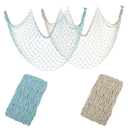 Decorative Fishing Net 80x40 Inch, 2 Pack Large Beige & Blue Picture Fish Net,