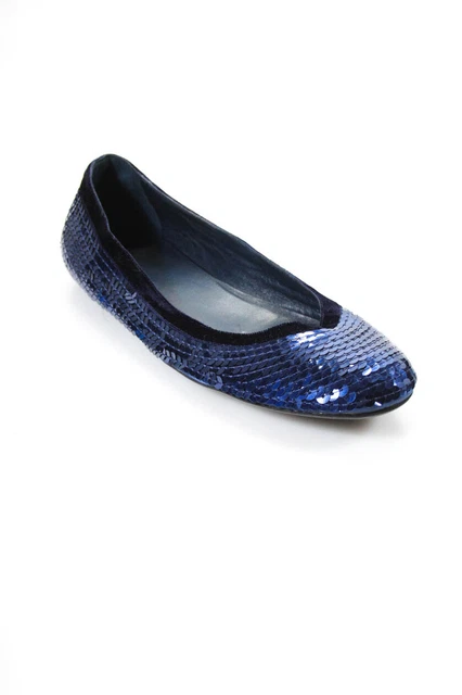 Gucci Womens Round Toe Velvet Trim Sequin Ballerina Flats Navy Size 9.5