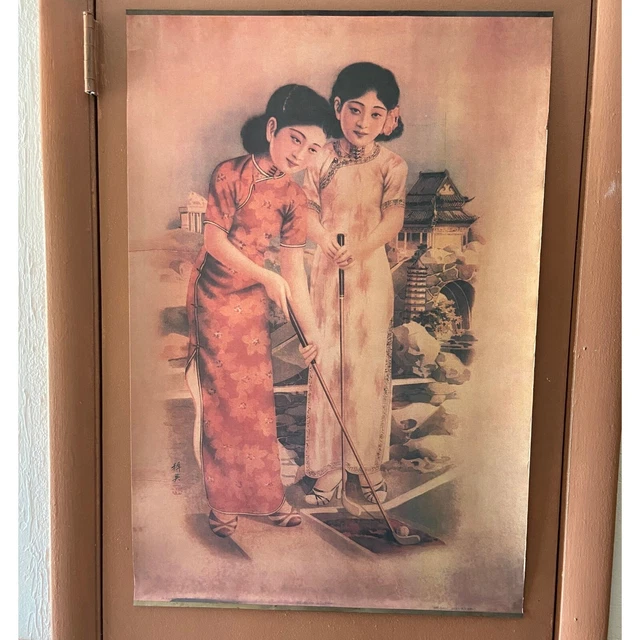 Vintage Original Chinese Soap Advertising poster polychrome lithograph Golfers