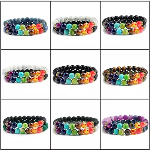 Couple Bracelets 2pz Homme Femme 7 Chakra Pierres Naturel Yoga