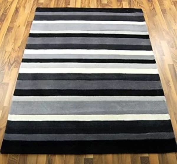Jazz Striped Charcoal 100% Wool Thick Rug 90 x 150cm