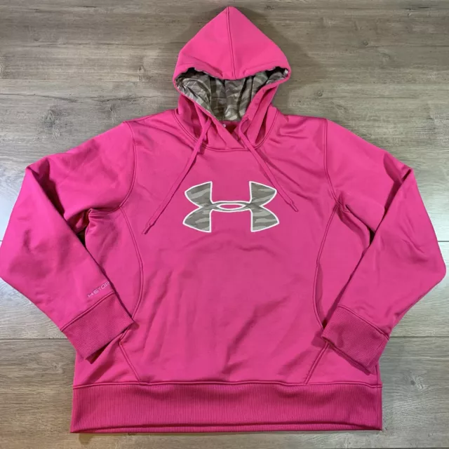 Under Armour UA Storm Pullover Hoodie Womens XL Pink Camo Logo Pocket Stretch