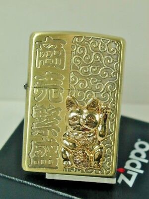 Zippo Manekineko Welcoming Lucky Beckoning Cat Oil Lighter Brass Gold Japan New