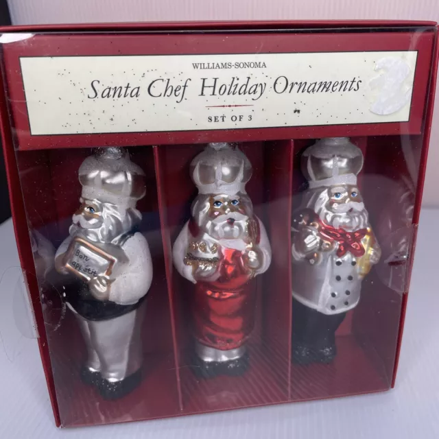 WILLIAMS-SONOMA boxed Set of Three SANTA CHEF HOLIDAY ORNAMENTS glass 2012 3.5"