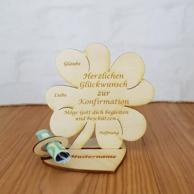 Geldgeschenk  Konfirmation mit Wunschname Kleeblatt 11cm oder 16cm aus Holz