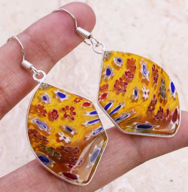 Dichroic Glass 925 Silver Plated Handmade Earrings of 1.7" Ethnic Gift