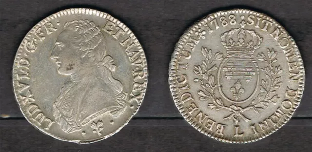 Frankreich: 1 Ecu 1788 L, Louis XVI, Silbermünze, Silber s-ss [1339]