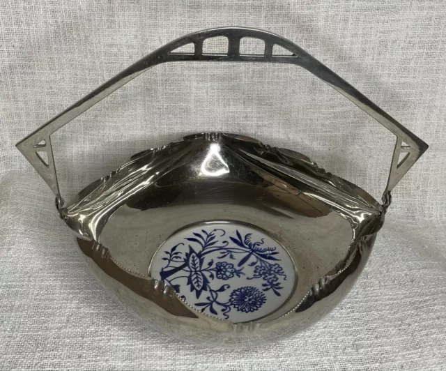 Jugendstil Henkelschale Metall Keramik mit Zwiebelmuster ca. 19x19x7,5 cm