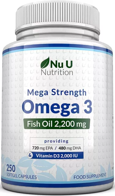 Omega 3 2200mg with D3 2,000 IU - 250 Softgels 720mg EPA 480mg DHA