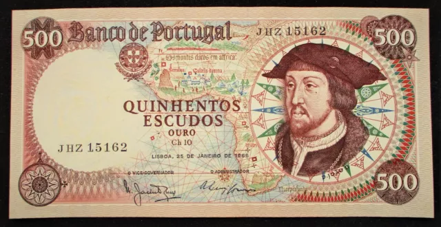 PORTUGAL 500 Escudos Banknote (P-170a) 1966 Grade:  MINT UNC