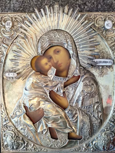 ANTIQUE 19c 84 SILVER HAND PAINTED RUSSIAN ICON OF THE MOTHER OF GOD VLADIMIR