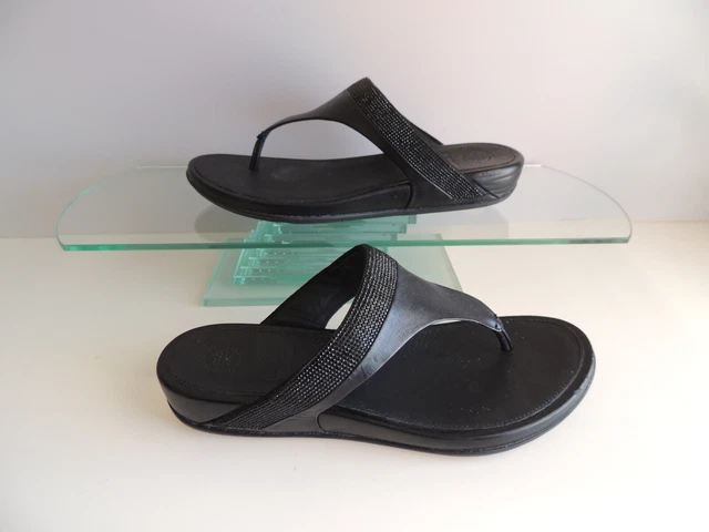 Fitflop Banda Micro-Crystal Toe-Post Black Leather Thong Sandals Sz 8