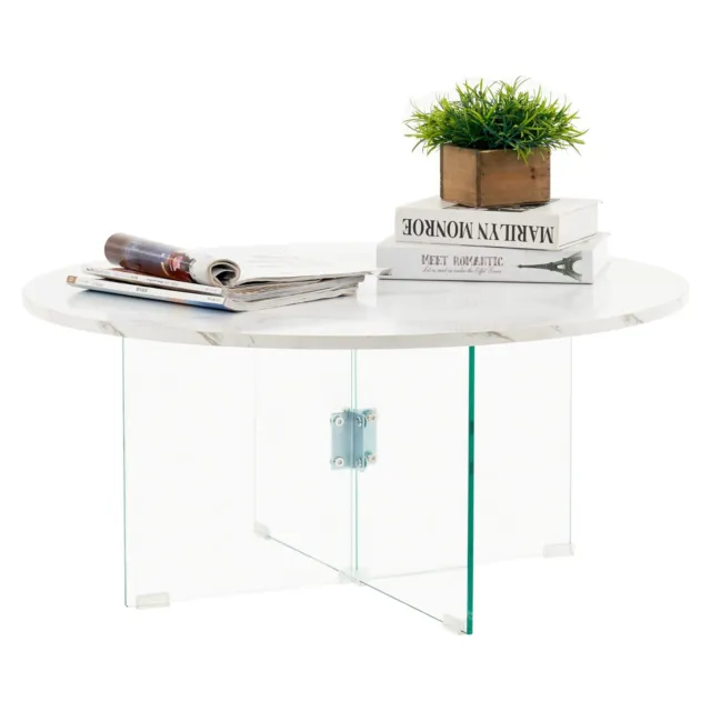 Ivinta Round Coffee Table with X Shaped Glass Leg , Low Table for Small Space