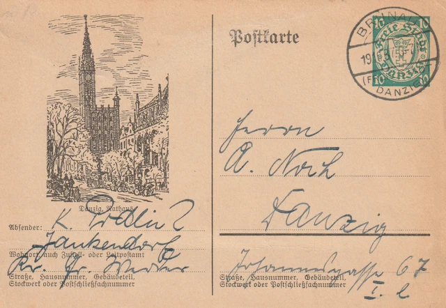 108. Danzig Ganzsachen Auflösung, hellgrün, Rathaus gel. innerh. Danzigs