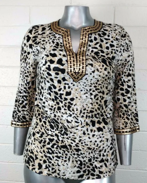 Woman CAROLE LITTLE TOP TUNIC BLOUSE Size M Embellished 3/4 sleeve Animal print