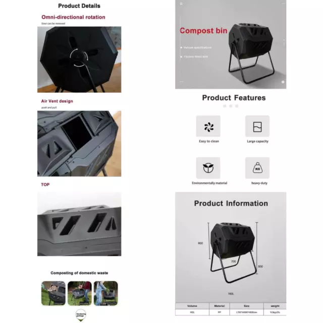 160L Tumbling Garden Compost Bin Heavy Duty with Easy Turn, Dual Chamber and Int 3
