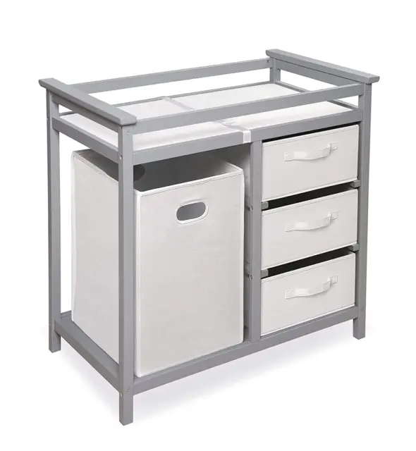 Modern Baby Changing Table with Laundry Hamper, 3 Storage Drawers, and Pad - Gra