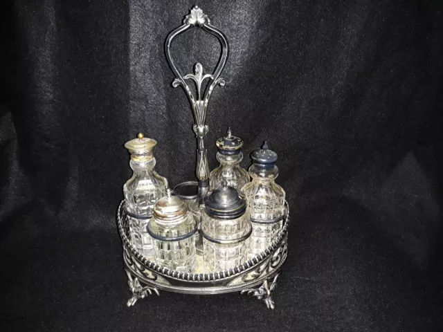 Beautiful Ornate Antique Silver Plated 5 Bottle Clear Glass Cruet Set