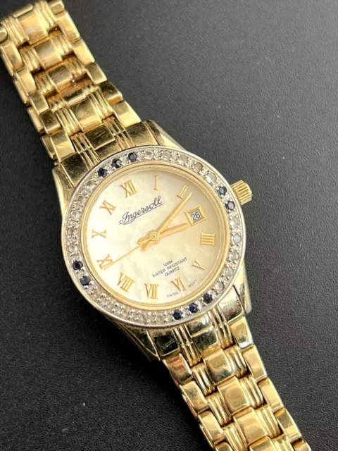 INGERSOLL GEM STONE Set 100m Swiss Made Gold Tone Date Roman