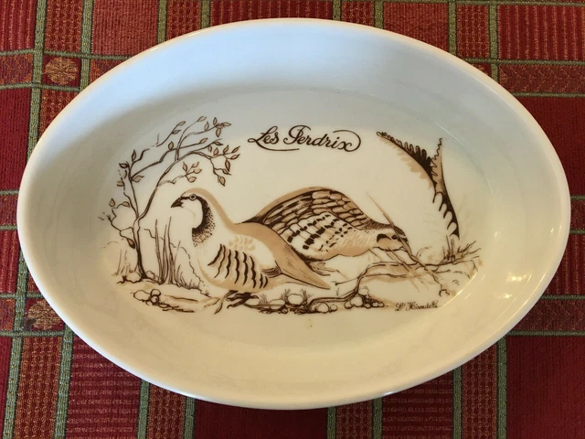 Grand Plat Ovale Pillivuyt – Porcelaine Blanche, Filet Jaune Et Liseré Or – Vintage