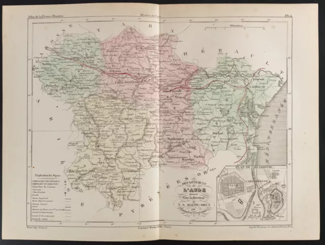 1855 - Carte ancienne du département de l'Aude, par Dufour