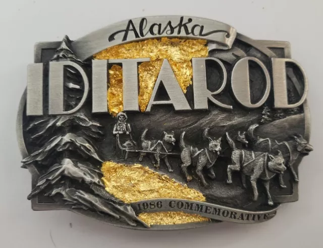1986 IDITAROD PEWTER Belt Buckle LE Alaska The Last Great Race W 24K ...