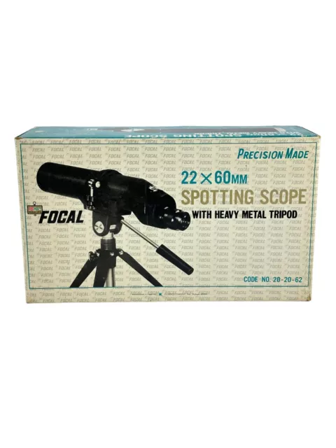 Vintage Focal 22 x 60mm Spotting Scope with Heavy Metal Tripod Original Box Vintage Focal 22 x 60mm Spotting Scope with Heavy Metal Tripod Original Box