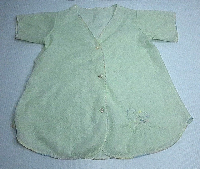 Vintage 06-09 Mo. Infant Sleepwear Shirt Green Embroidered Teddy Bear 1950's