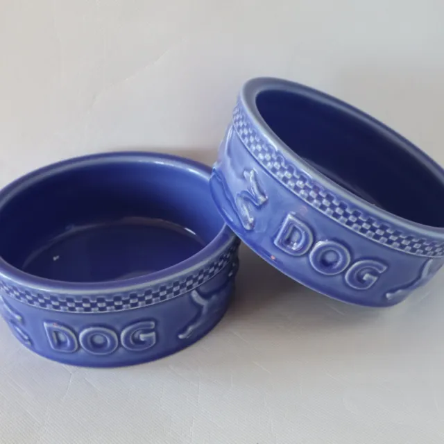 Vtg Pr. Longaberger Mulligan Blue Dog Food Water Bowls Pottery USA! 6 x 2 1/4"