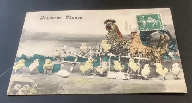 ancienne carte postale CPA joyeuses Pâques  poules poussins coq