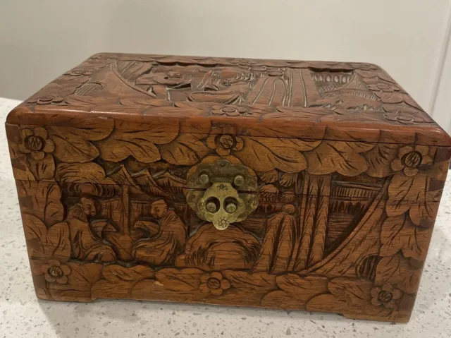 Vintage Asian Chinese Handmade Hand Carved Wood Wooden Box Chest, Brass Closure