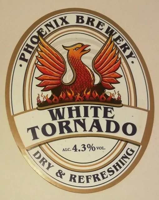 PHOENIX brewery WHITE TORNADO pump clip real ale beer badge front Manchester