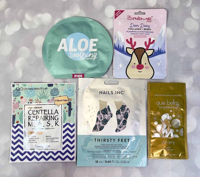 x5 Lot NEW Face Feet Facial Sheet Mask Womens Skincare Creme Aloe PINK Que Bella