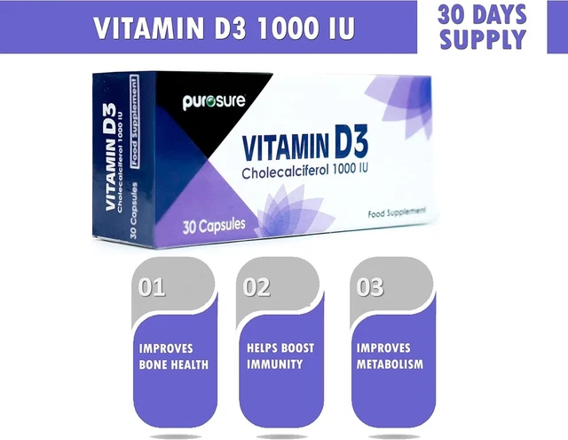 VITAMIN D3 1000 IU - 30 Capsules - High Potency, Easy to Swallow Pure ...
