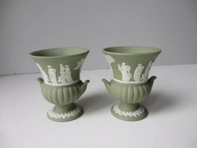 Wedgwood ,Green Jasper Ware , Two Urn Vases , 3 inch High ,good con