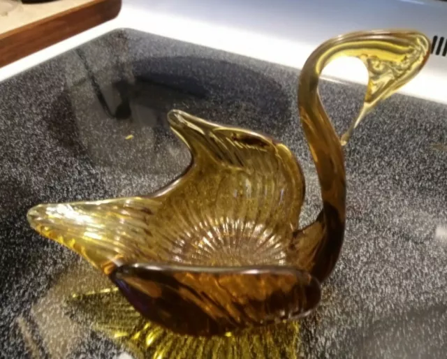 Muano Hand Blown Art Glass Amber Swan Candy Dish ,Nut Dish ,Trinket Dish