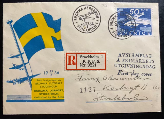 1936 Stockholm Sweden First Flight Airmail cover FFC Bromma Airport