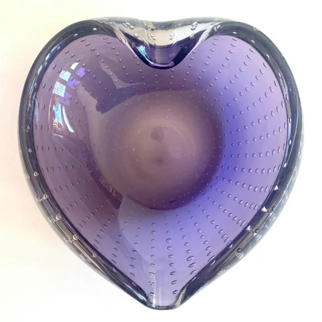 Modernist Barbini Murano Italy Art Glass Amethyst Purple Bullicante Heart Bowl