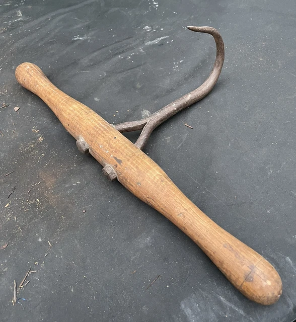 19th Antique Forged Iron Hay Meat Hook 19”Figured Turned Ash Handle Farm Lifter