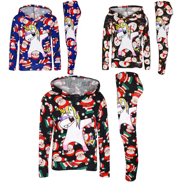 Kids Girls Santa Snowman Unicorn Dab Hooded Top Legging Set Xmas Tracksuit 7-13Y