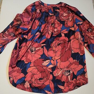 Jaclyn Smith Floral Silky Print Button Down Blouse Blue Pink Coral Size XL NWOT