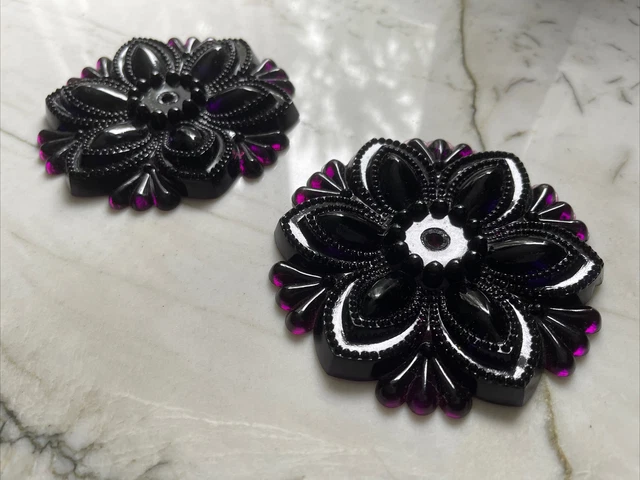 Antique Pressed Sandwich Glass Amethyst Black Curtain Tie Backs Flower Shaped 2 2