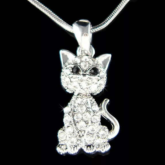 Movable ~Kitty Cat made with Swarovski Crystal Kitten Charm Necklace Jewelry New