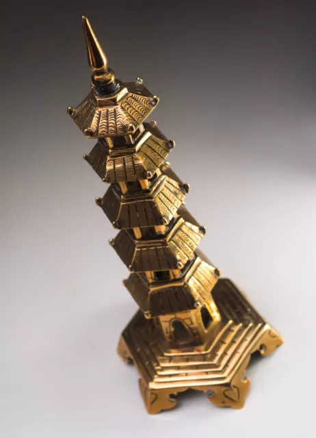 Polished Chinese Cast Brass Pagoda 9" Tall Tower Decorative Fine Casting 3