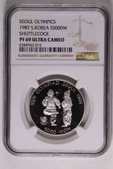 1987 SOUTH KOREA SILVER 5000 WON Shuttlecock - NGC PF 69 ULTRA CAMEO